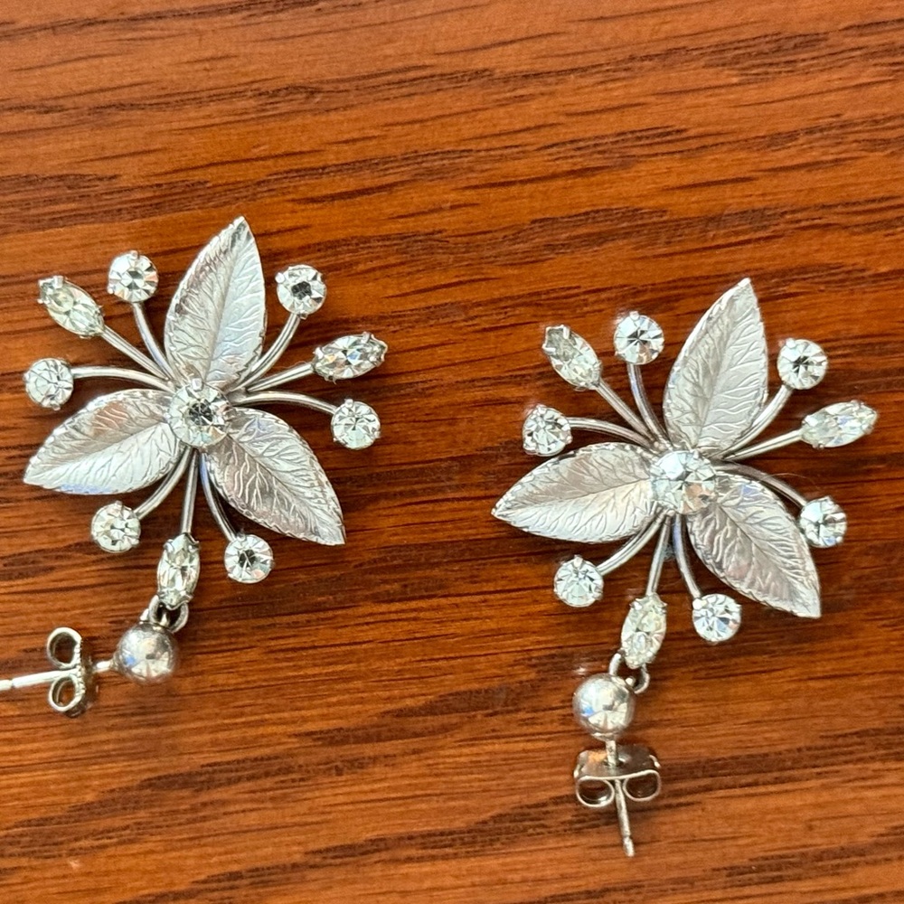 Vintage 1960’s Silver Floral Rhinestone Statement Earrings Mid Century